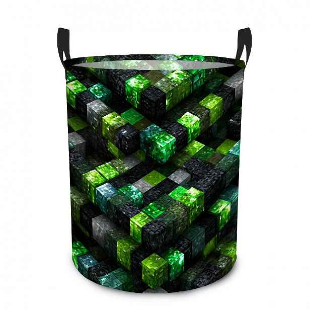 TEMU Zelený kostkový pixelový design kruhový koš na prádlo, skládací úložný box na oblečení, vhodný do koupelen a ložnic, organizér na neřádnosti,
