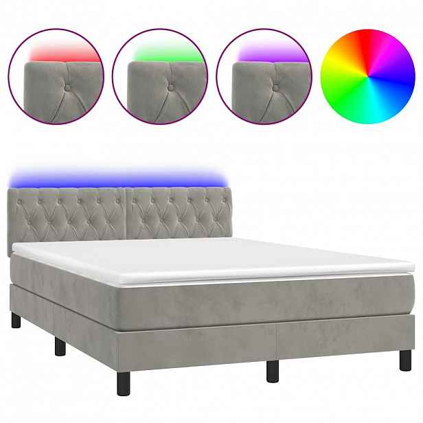 vidaXL Box spring postel s matrací a LED světle šedá 140x200 cm samet
