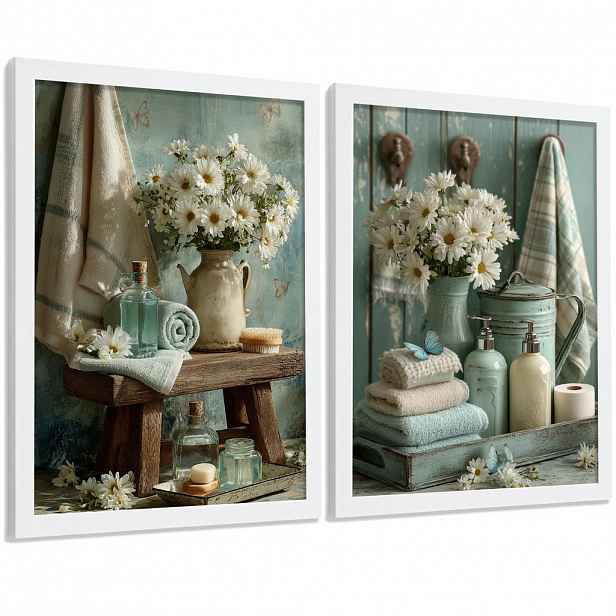 Nacnic PLAKÁT Sada 2 dekorativních koupelnových tisků, květinové v shabby chic Bílý rám A4