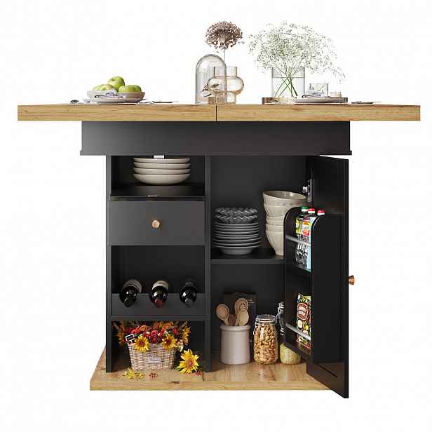 OKWISH JÍDELNÍ stůl 110-140/80/75 cm černá/přírodní z MDF s výsuvnou deskou a úložnými policemi
