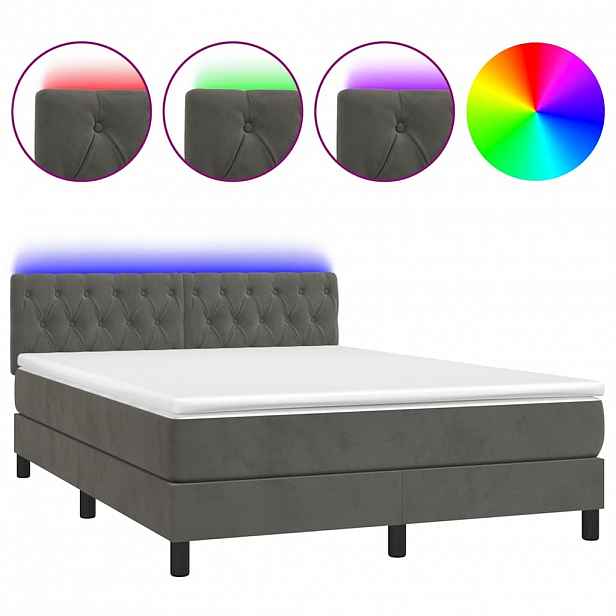 vidaXL Box spring postel s matrací a LED tmavě šedá 140x200 cm samet