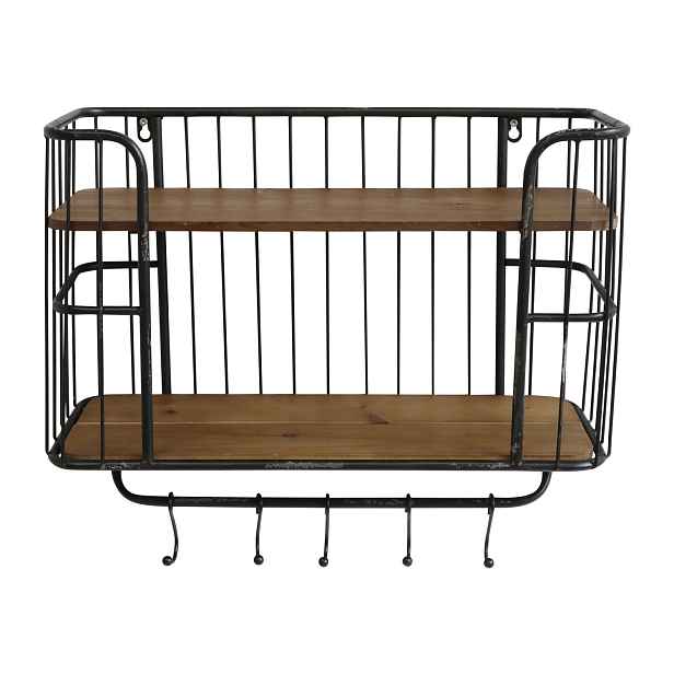 Černá antik nástěnná kovová polička s dřevěnými poličkami a háčky Old shelf- 52*20*45cm Chic Antique