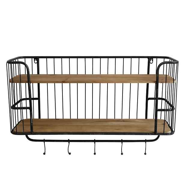 Černá antik nástěnná kovová polička s dřevěnými poličkami a háčky Hokie - 72*20*45cm Chic Antique