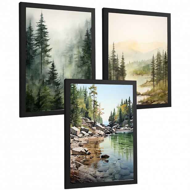 PLAKAT Sada 3 dekorativních tisků Nordic Landscape obývací pokoj Obrázky - zelené a hnědé dekorativní plakáty Obývací pokoj A4 černý rám