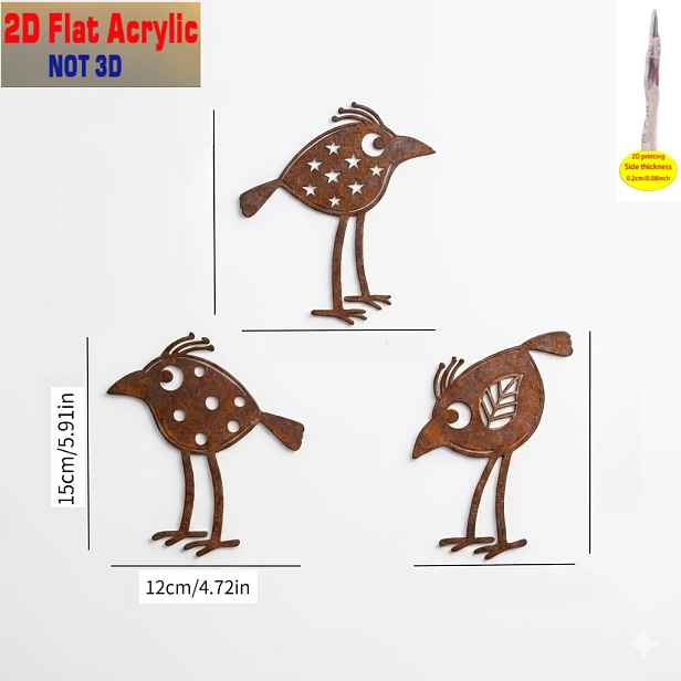 TEMU 2D ploché, 3ks 3D tištěné vintage akrylové nástěnné dekorace ptáků vhodné na stěny a ploty, bezrámový panel s nepravidelnými tvary ptáků, snadná