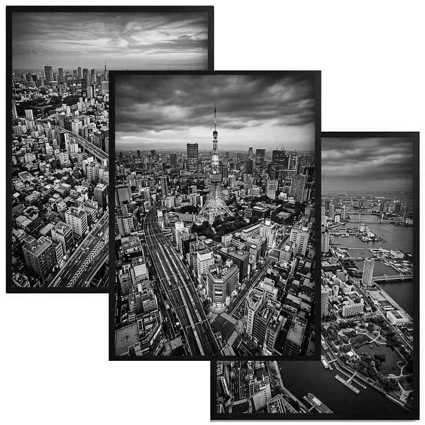 Černobílý triptych Tokio do kanceláře Panorama Módní plakát loftový set