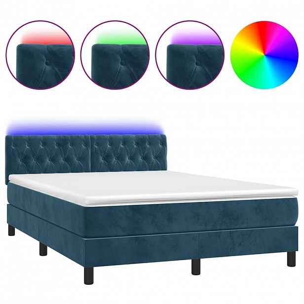vidaXL Box spring postel s matrací a LED tmavě modrá 140x200 cm samet