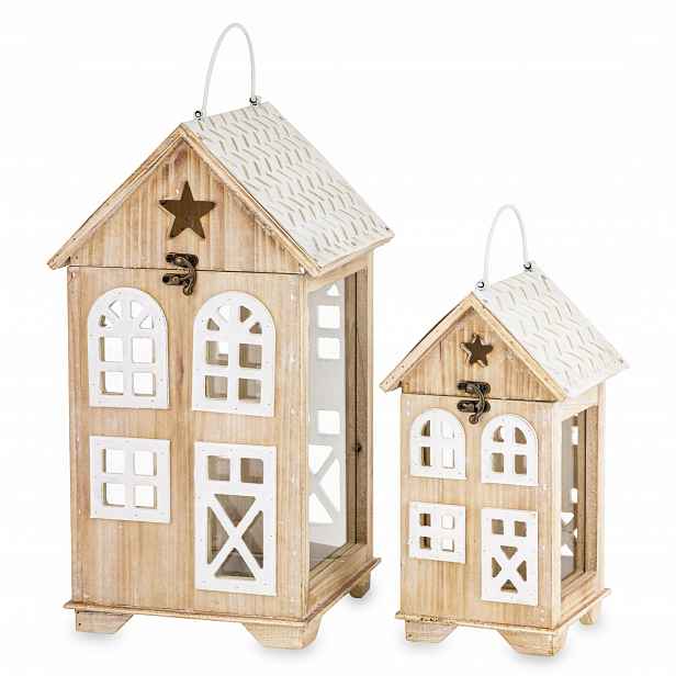 Dřevěné lampiony boho domky 2ks kpl provensálská béžová loft rustikální