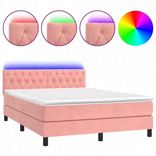 vidaXL Box spring postel s matrací a LED růžová 140x200 cm samet