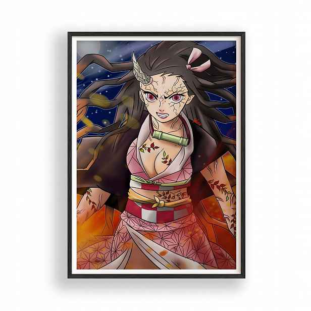 Obraz Demon Slayer Nezuko Kamado Plakát Rámeček Dřevěný Černý 30x42 cm