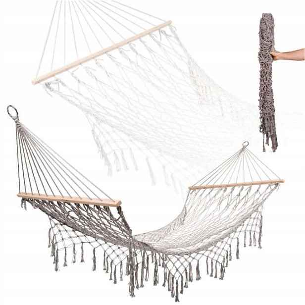Boho zahradní houpací síť s třásněmi, závěsné lehátko, makramé, 200 cm