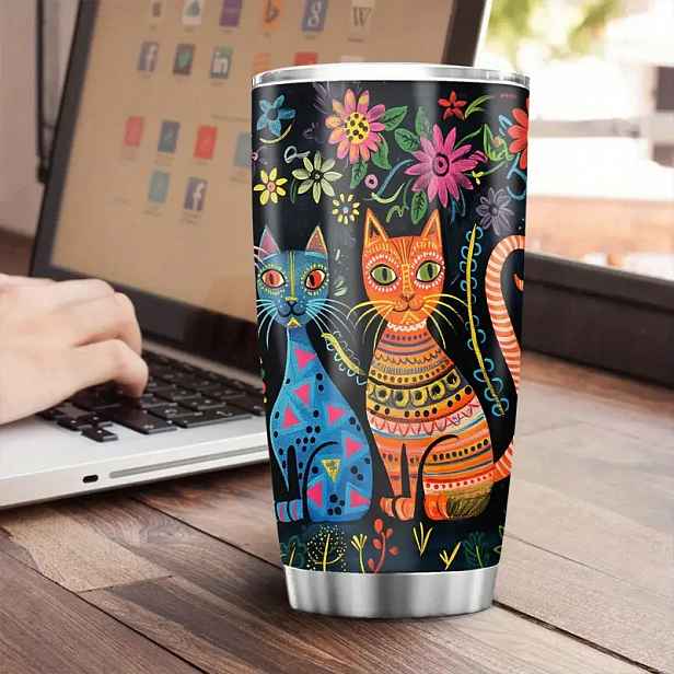 Termohrnek termos velký 600 ml kočky barevné Pop Art ocelový jako dárek