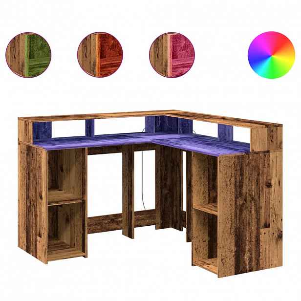 vidaXL Psací stůl s LED světly old wood 130x130x91 cm kompozitní dřevo