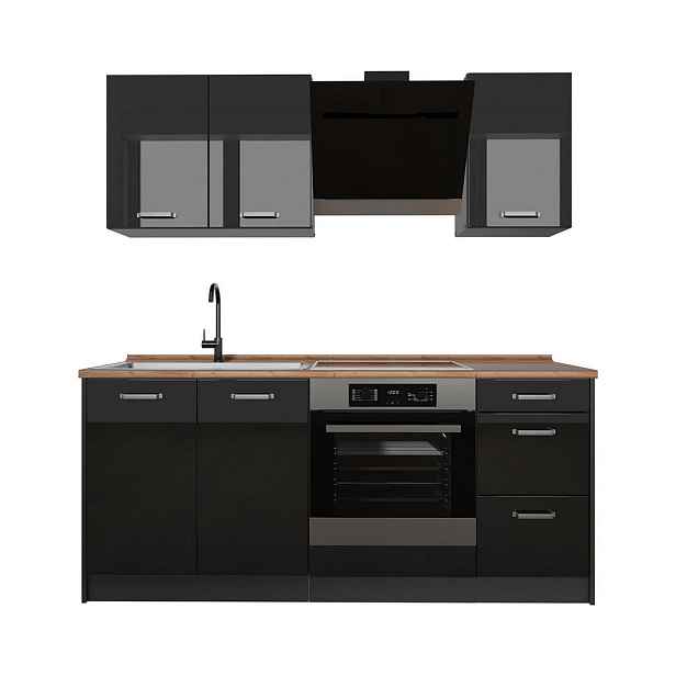 Vicco JEDNOTKOVÁ KUCHYNĚ R-Line, Černý vysoký lesk/Antracit, 180 cm pracovná doska Dub Goldkraft
