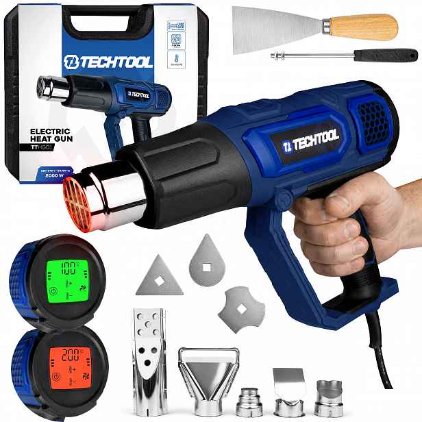 Horkovzdušná Pistole 2000W 60-600°C LCD 5 Trysek Škrabka 6 Rychlostních Stupňů Kufr