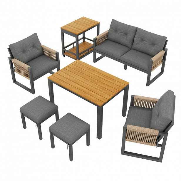 Modfu ZAHRADNÍ sedací souprava z železa 150x79,5x75 cm šedá a přírodní s odnímatelným stolem a pletenými područkami