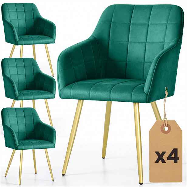 Set 4x jídelní prošívaná židle LARENZA - láhvově zelená / zlatá