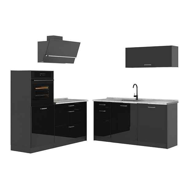 Vicco KUCHYŇSKÝ KOUT R-Line, Černý vysoký lesk/Antracit, 160 cm pracovná doska Mramor