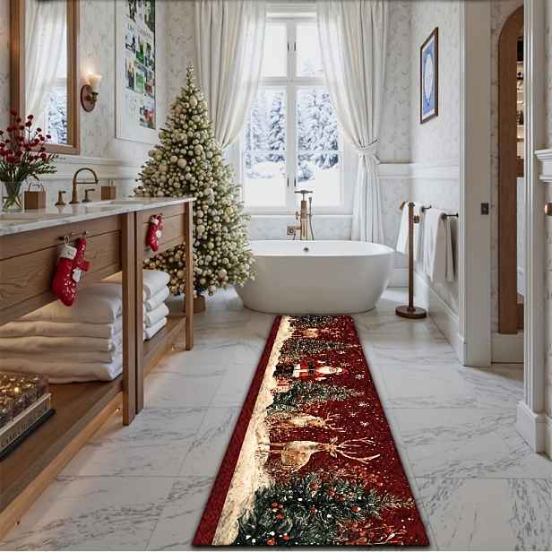 TEMU 1 ks, Vánoční dlouhý koberec, Koberec do chodby, Design Santa s soby a sněhem, Vhodný do chodeb, Kuchyňské rohože, Pratelné rohože, Měkké