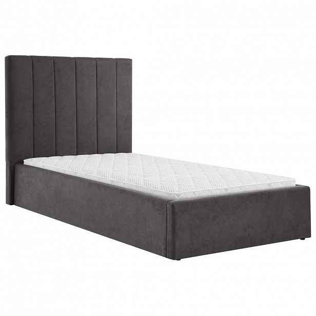 Beautysofa ČALOUNĚNÁ POSTEL Melvio, jednolůžko 90 × 200 cm s úložným prostorem a pěnovou matrací 10 cm, tmavě šedá