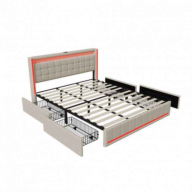 ČALOUNĚNÁ postel 180x200 cm s LED, USB, 4 zásuvkami a čelem s křídly, béžová