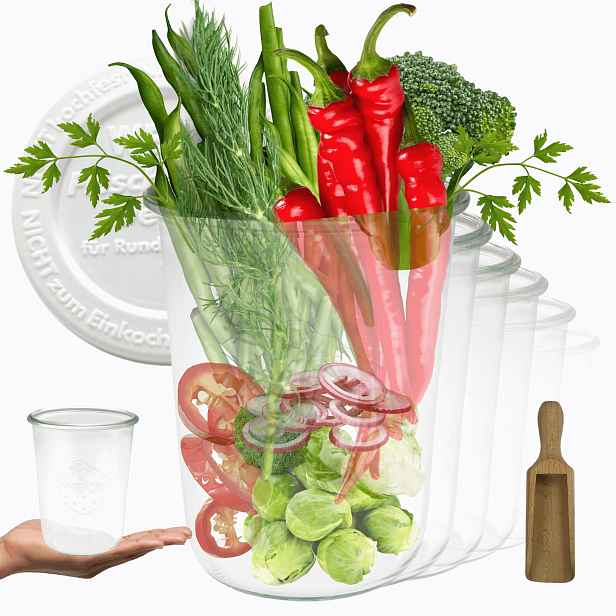 Sklenice Weck 850 ml zavařeniny Mold rýže těstoviny plastové víko Odměrka 6 Ks