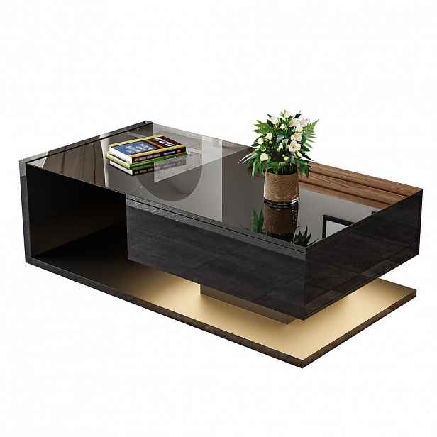 Urban Meuble KONFERENČNÍ STOLEK černý vysoký lesk se sklem a LED efektem, 105 × 55 cm