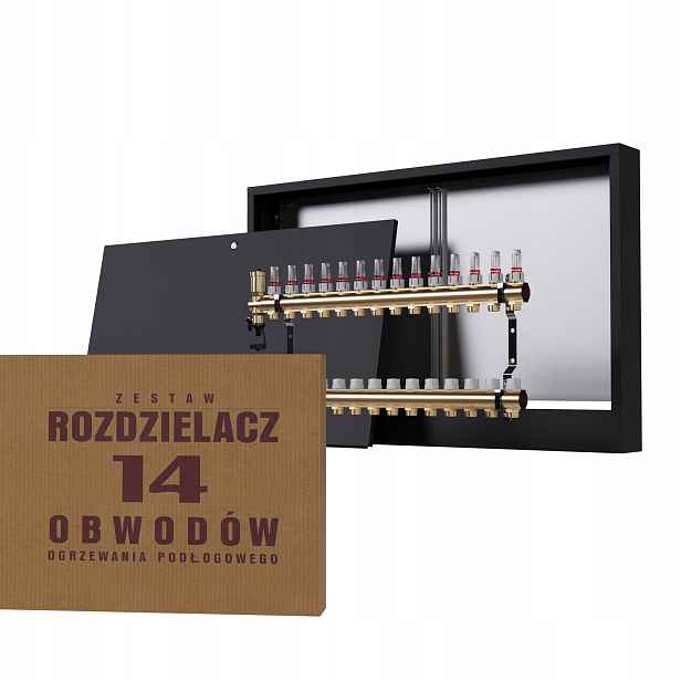 Rozdělovač na podlahu mosazný 14-okruhový a nástěnná skříňka černá