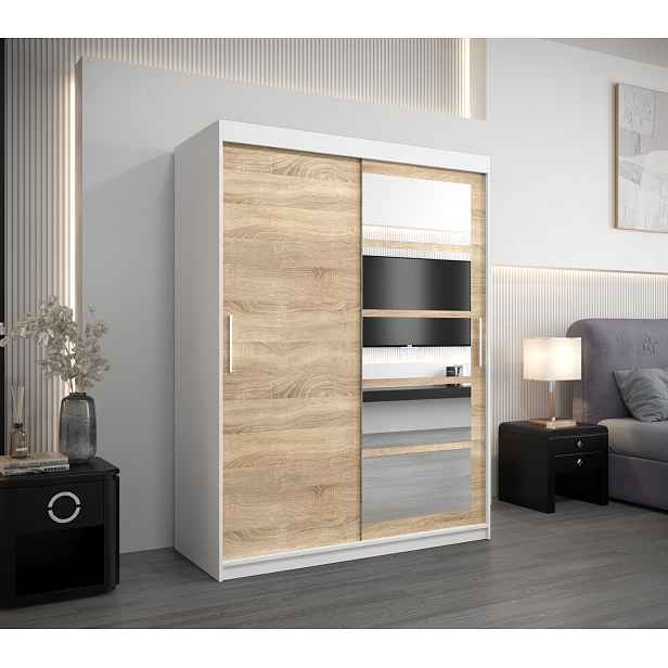 Šatní skříň se zrcadly KLEOPATRA - šířka 150 cm, bílá / dub sonoma