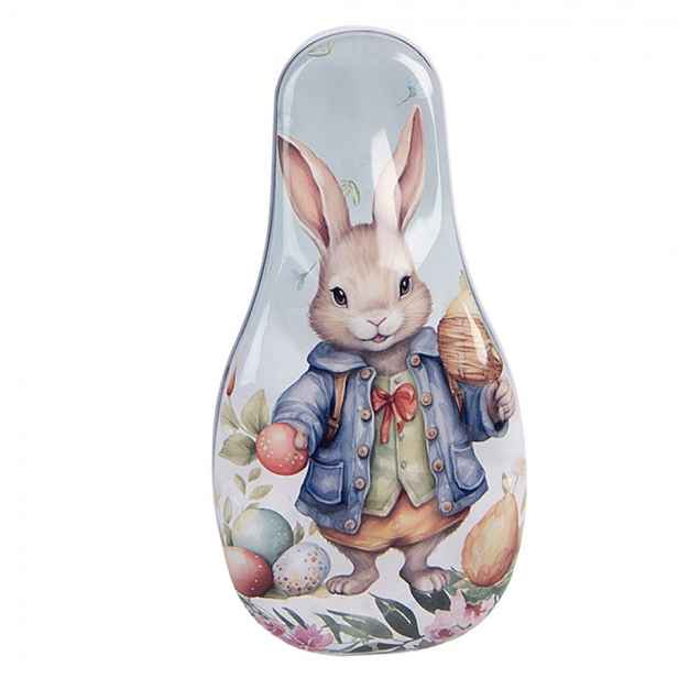 Modrá plechová velikonoční dóza králíček v kabátku - 14*7*5 cm Clayre & Eef