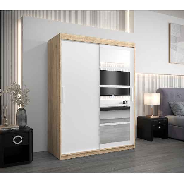 Šatní skříň se zrcadly KLEOPATRA - šířka 150 cm, dub sonoma / bílá