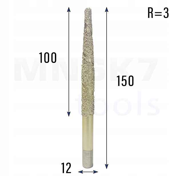 Diamantová fréza kuželová pro 3D granit R 3 12 × 100 × 150 Cnc