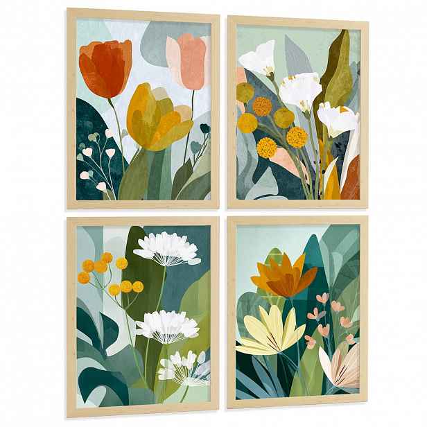 Nacnic PLAKÁT Sada 4 Flores Světlý dřevěný rám A4