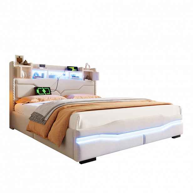 Redom ČALOUNĚNÁ postel 160/200 cm s LED osvětlením, USB/USB-C a hydraulickým úložným prostorem, Béžová