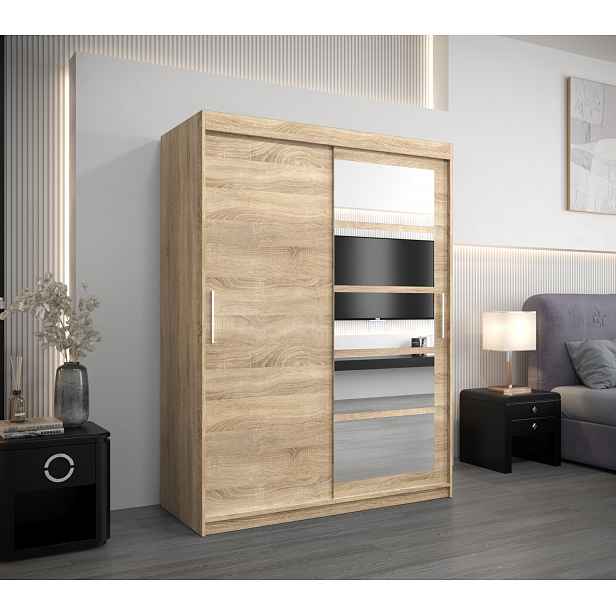 Šatní skříň se zrcadly KLEOPATRA - šířka 150 cm, dub sonoma