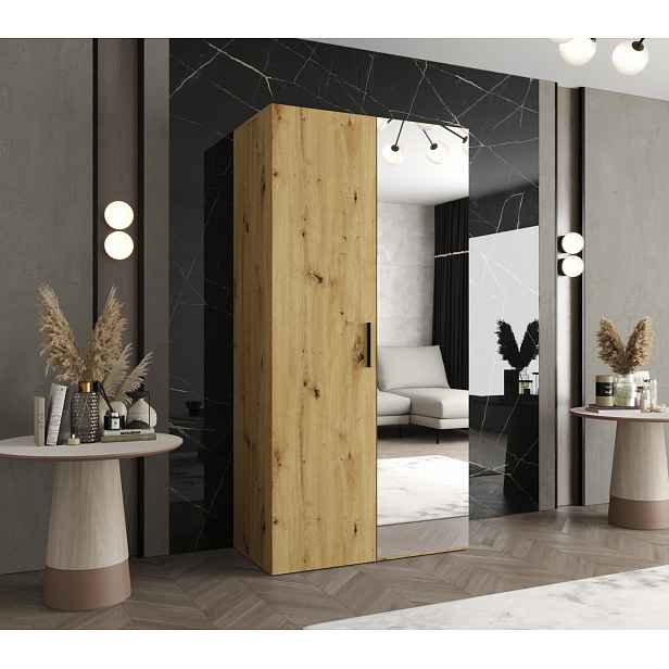 Šatní skříň se zrcadlem HELMA 2 100 cm - dub artisan / černý úchyt