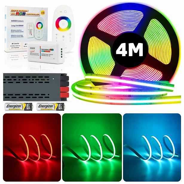 Set 4M Led pásek Cob Rgb 840 diod 15W 24V s dálkovým ovládáním a napájecím zdrojem