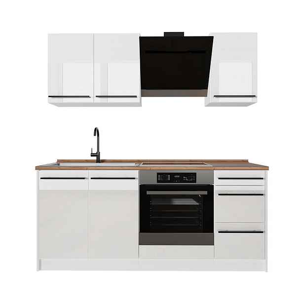 Vicco JEDNOTKOVÁ KUCHYNĚ R-Line, Bílá vysoký lesk/Bílá, 180 cm pracovná doska Dub Goldkraft