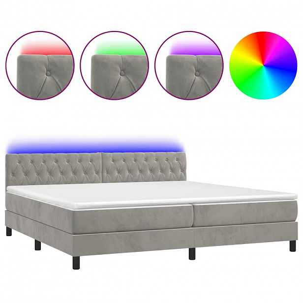 vidaXL Box spring postel s matrací a LED světle šedá 200x200 cm samet