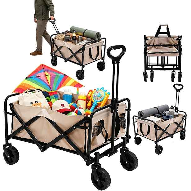 Kempingový vozík 75L khaki s kolečky pro zahradu a nákupy 150 kg