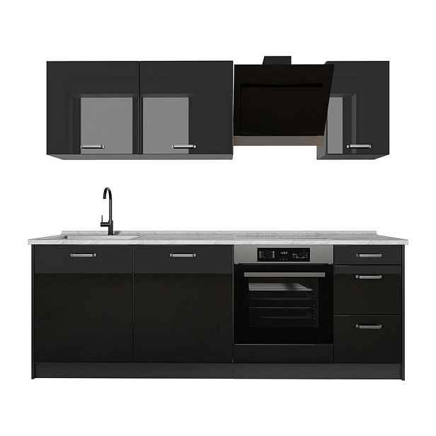 Vicco KUCHYŇSKÝ KOUT R-Line, Černý vysoký lesk/Antracit, 220 cm pracovná doska Mramor
