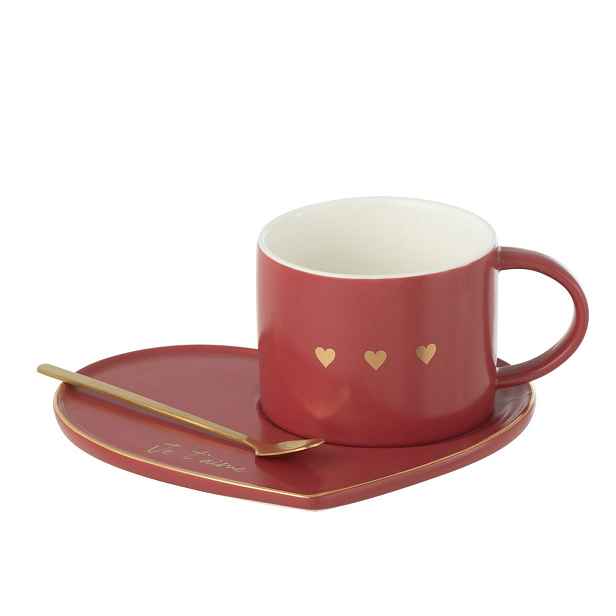 Vínový hrnek se srdíčky + lžička + talířek srdce Je t´aime - 6*14*6 cm / 175ml J-Line by Jolipa
