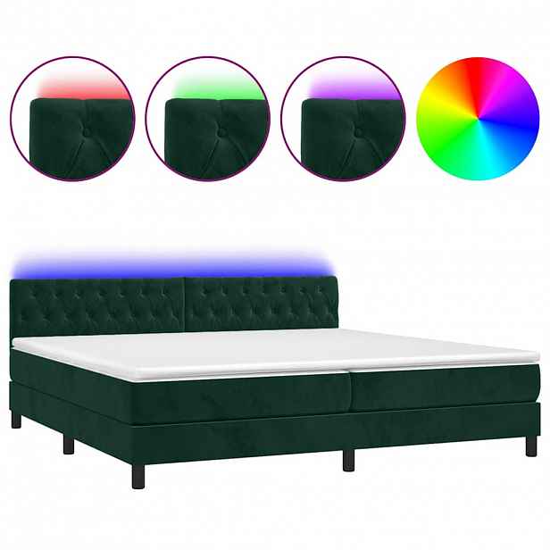 vidaXL Box spring postel s matrací a LED tmavě zelená 200x200 cm samet