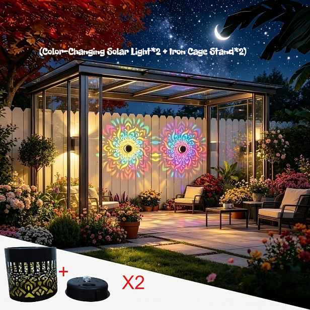TEMU 2 ks solárních mandala nástěnných světel, 2 sady (4 ks) (barevné solární lampy X2 ks a železný X2 ks) solární LED venkovní stolní světla, RGB