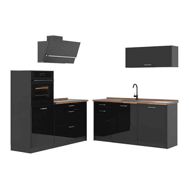 Vicco KUCHYŇSKÝ KOUT R-Line, Černý vysoký lesk/Antracit, 160 cm pracovná doska Dub Goldkraft