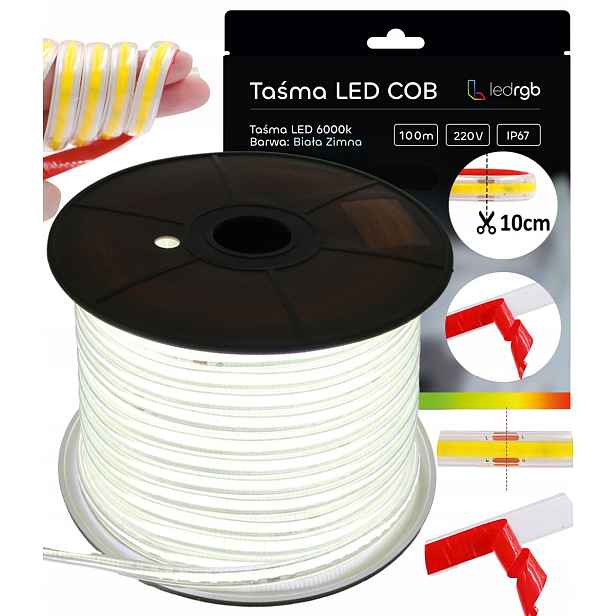 Led Páska Cob 100 m 230 V Bílá Studená 6000K Řezaná Každých 10 CM Bez Napájecího Zdroje IP67
