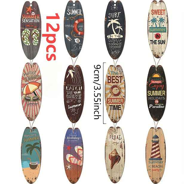 TEMU 2D Ploché, Balení 12 ks Vintage Dekorace na Zeď ve Tvaru Surfového a Skateboardového Prkna - Umělé Retro Námořní Přívěsky Vhodné pro Letní