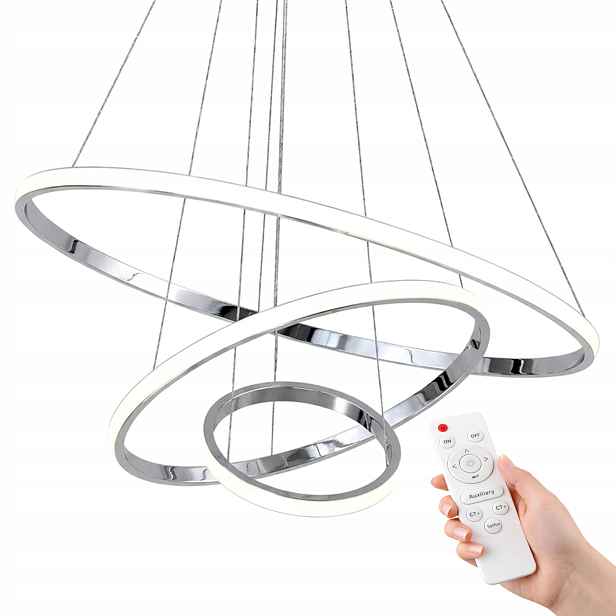 Závěsné Stropní Svítidlo Stříbrná 60 CM Lustr Chrom 3 Kroužky S Dálkovým Ovládáním Loft
