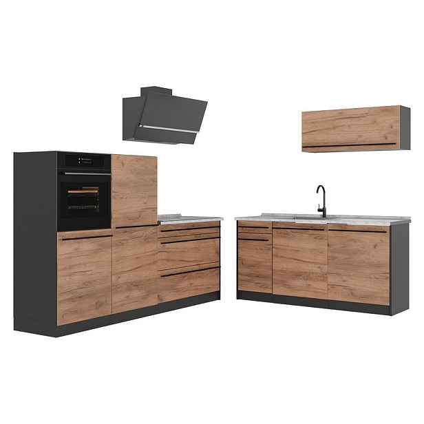 Vicco KUCHYŇSKÝ KOUT R-Line, Zlatý mocný dub/Antracit, 220 cm pracovná doska Mramor