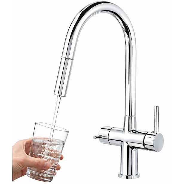 Kuchyňská baterie 3v1 třícestná pro vodní filtr Vytahovací Sprcha Chrom